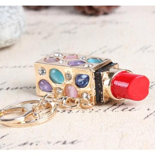 Fashion Lipstick Rouge Box Crystal Rhinestone Charm Pendant Purse Bag Car Key Ring Chain Creative Wedding Party Christmas Gift