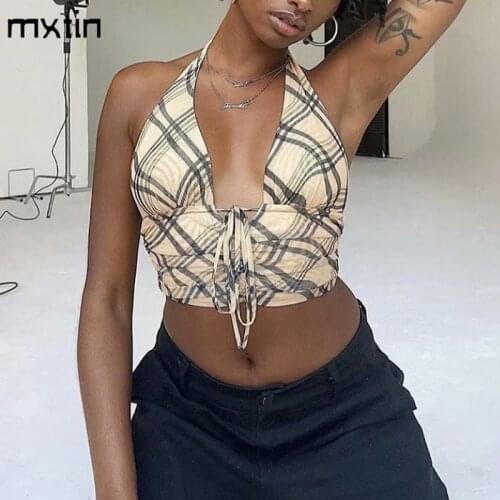MXTIN 2021 Women Summer Fashion Sexy Plaid Cropped Tank Vintage Drawstring Sleeveless Backless Thin Straps Female Camis Chic Top