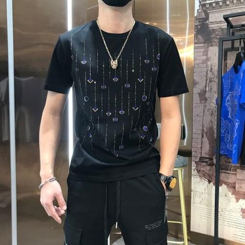 2021 New England Style Fancy T shirt Man Diamond Short Sleeve Men Leisure Slim Summer T-shirt Large size