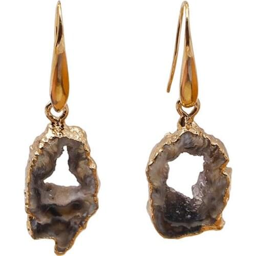 New Style 6Pair/Lot Aatess Crystal hole necklace Brazilian Raw Stone Sliced Earrings Gold-plated Bracelet Irregular Pendant