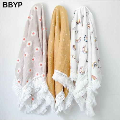 Newborn Swaddle Muslin Unisex Solid Tassel Baby Blanket Receiving Blanket Swaddle Wrap Blanke 100 X 120cm