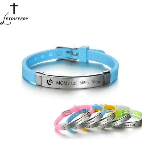 Letdiffery Personalized Engrave Kids Baby ID Bracelets Soft Silicone Rudder Stainless Steel Custom Number Emergency Bracelet
