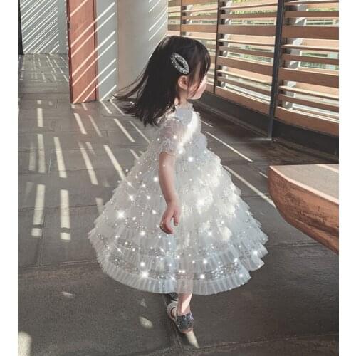 Thunderers New Baby Girls Summer Princess Dress Fluffy Mesh Cake Dress Fashion Sequined Dress For Wedding Party Formal Ball Gown