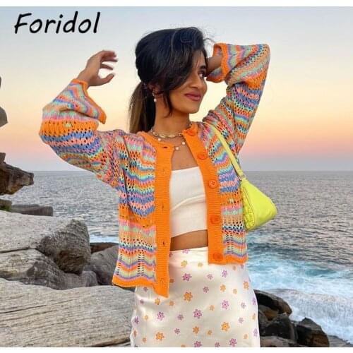 Foridol Striped Knitted Rainbow Orange Sweater Cardigans Hollow Out Button Up Short Casual Autumn Winter Vinatge Cardigans 2021