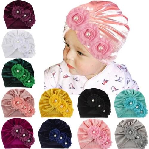 Newborn Infant Kids Baby Boy Girl Indian Turban Twist Knot Velvet Beanie Hat Pearl Flower Solid Soft Cap Kids Accessories