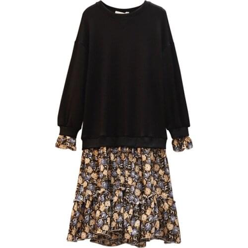 Splicing Black Dress Floral Print Vestidos Elegant Trendy Vacation Robe Harajuku Plus Size Dress Women Spring Fall Women Clothes