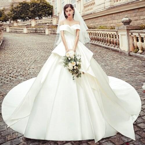 Off Shoulder Lace Back SatinBall Gown Sleeveless Boho Wedding Dress Bridal Vestido De Noiva