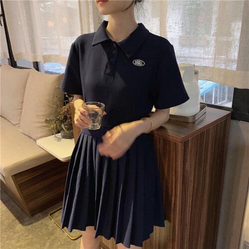 College Style Fashion Korean Version Was Thin Polo Collar Skirt Girl Embroidered Pleated Skirt Summer Dress 2021 New Dress