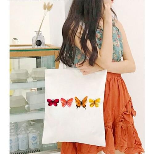 Large Capacity Tote Bag Reusable Ladies Shopping Bags Four Butterflies Printing Harajuku Casual Female Shopping Canvas Bag
