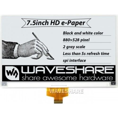 Waveshare 7.5inch HD e-Paper E-Ink Raw Display, 880*528, Black / White, SPI, without PCB