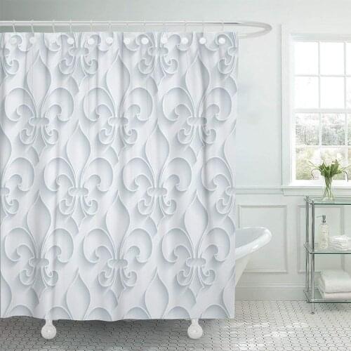 Blue White Outline Extrude Effect Fleur De Lis 3D Shower Curtain Waterproof Polyester Fabric 72 x 72 Inches with Hooks