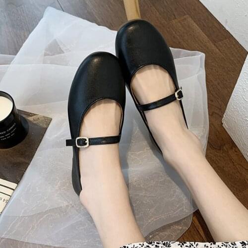 2021 Spring Women Flats Black Mary Janes Shoes Buckle Strap Lolita Shoes Begie Leather Casual Shoes Girls zapatos mujer 8942N