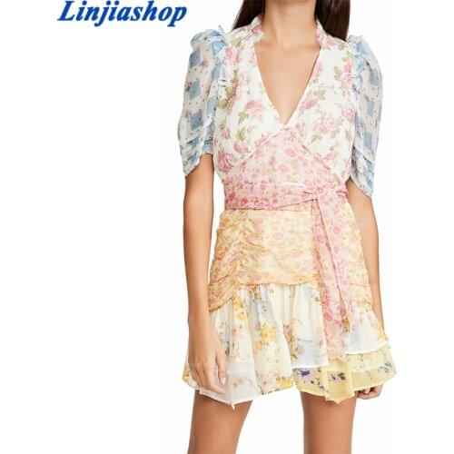 Spring summer women mini dress multicolor patchwork floral print sexy v neck short sleeves sashes holiday beach asymmetric robe