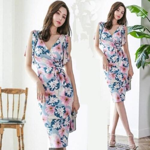 Summer women clothing V-neck sexy dresses print elastic slim one-step women dresses ins office lady dresses