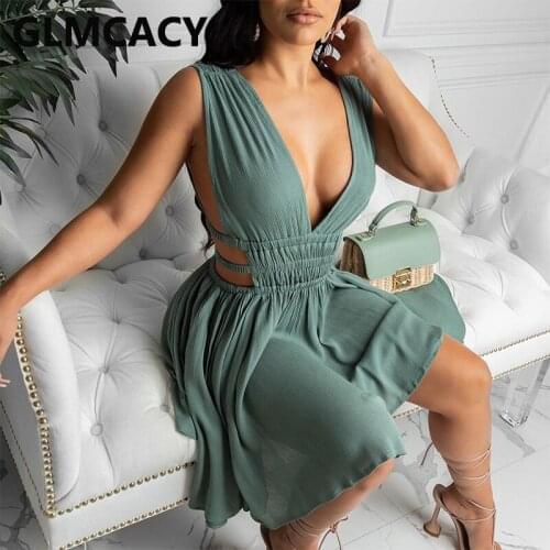 Women Sexy Sleeveless Plunge V-neck Cutout Ruched Casual Dress