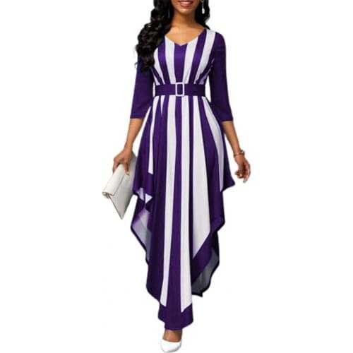 Formal Dress Women Summer 2021 Stripe Print V Neck Elegant 3/4 Sleeve Irregular Hem Dress for Wedding party dress Vestido