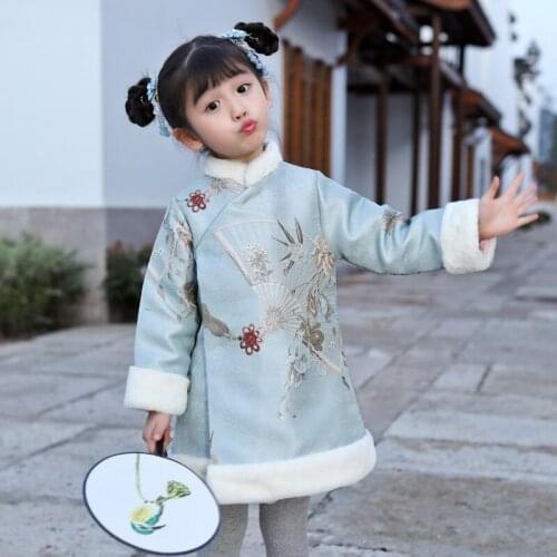Winter Girls Chinese National Style Warm New Year Cheongsam Dresses Embroidery Girl Retro Fur Dress Traditional Fashion Clothes