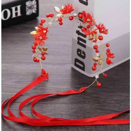 Gold Leaf Daisy Flower Headband Bridal Tiaras Hair Jewelry Ribbon Wreath Pearl Headpiece Wedding Bride Hair Accessories