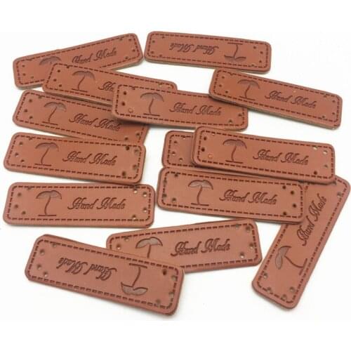 20pcs 50x15mm PU Leather "Handmade" With Tree Garment Labels Patches Embossed Rectangle Tags DIY Embellishment Sewing Patch