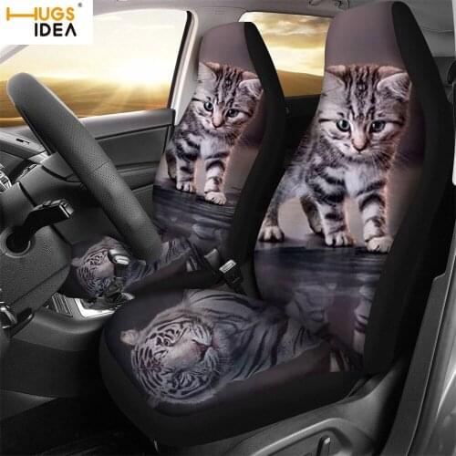 HUGSIDEA Automobile Seat Covers 2 pc Cat Reflection Tiger Animal Print Car Front Seat Protectors Waterproof Car Interior Decor