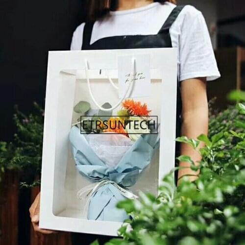 50pcs Portable Flower Bag With Clear Window Flower Gift Packaging Paper Bag Florist Supplies 25.5*15.5*35cm