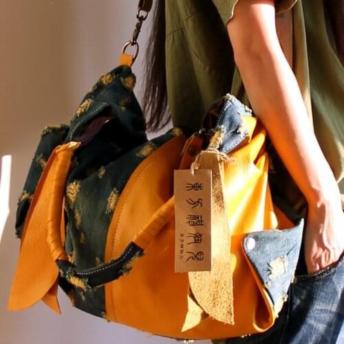 Denim with Leather Womens Bag female handbags portable tote Bag Large Shoulder Crossbody Bags Casual Korean Style Skull