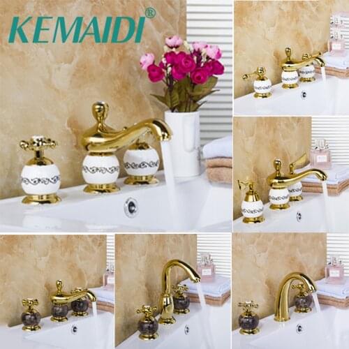 KEMAIDI Ceramic Faucet Deck Mount Golden Spray 3 Pieces Shower Bathroom Wash Basin Mixer Sink Brass Bathtub Torneira Tap Faucet