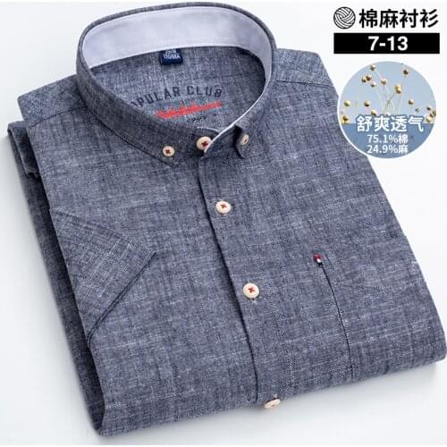 Hemp Shirt Striped Plaid Shirt 88.7% Cotton & 11.3% Linen Casual Loose Shirts for Men Clothing Mens Button Up Shirt Short Sleeve