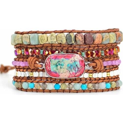 New Leather Wrap Bracelet Natural Stones Multi Color Natural Beads Crystal Weaving Statement Art Bracelet Gifts Luxury Jewelry