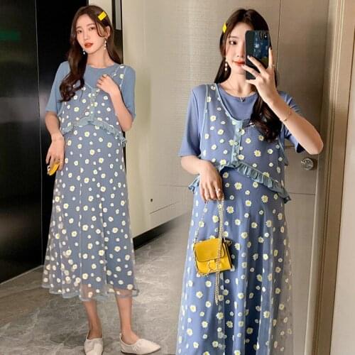 6160# Maternity Clothes Summer O Neck Short Sleeve Easy Matching Loose Stylish floral Dress for Pregnant Women Mom Dress