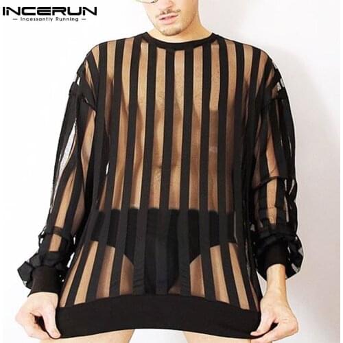 INCERUN 2021 Summer Fashion New Men Tees European American Sexy Casual Striped Perspective Round Neck Long-sleeve T-shirt S-5XL