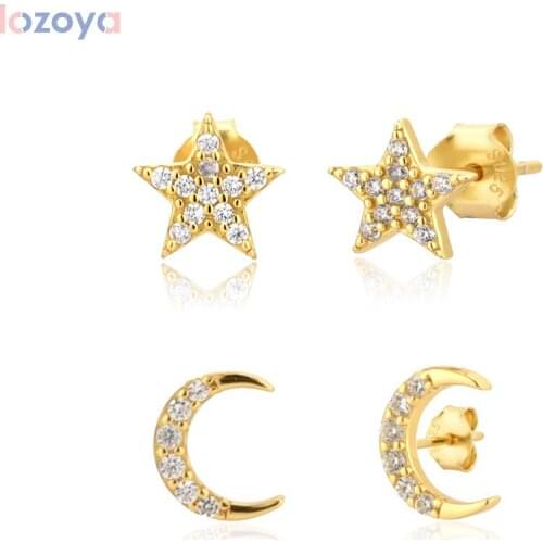 Lozoya 925 Sterling Silver Mini Star Piercing Gold Luxury Clips Piercing Long Shiny Stud Earring Moon Wedding Gift
