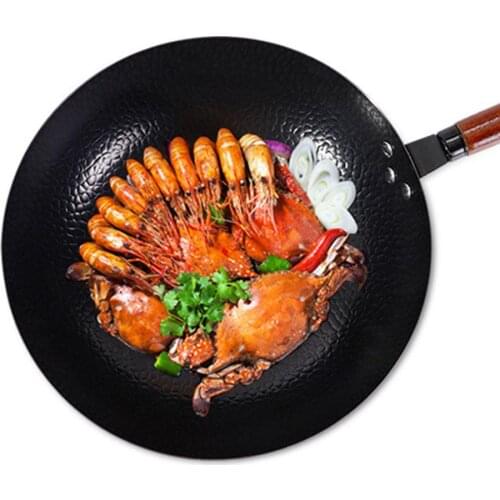 32cm Metal Uncoated Non-stick Wooden Handle Iron Dishwasher Safe Cooking Pan Kitchen Restaurant Useful Fry Pan Cookware