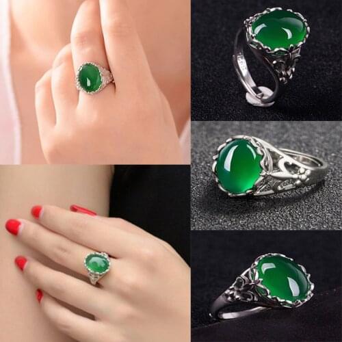 Milangirl Ladies Vintage Silver Color Hollow Engraved Geometric Inlaid Oval Green Gemstone Female Opening Ring for Party Jewelry
