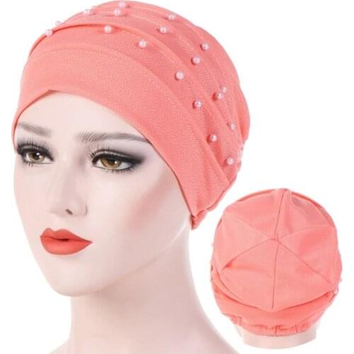 Fashion Elegant Ladies Beaded Muslim Inner Hijabs Solid Cotton Turban For Woman Islamic Headdress Bonnet Arab Wrap Hijab Caps