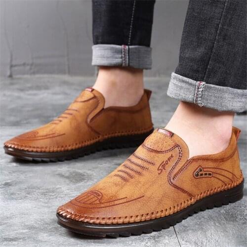2021 Spring Autumn Mens Soft Sole Wear-Resisting Shoes Plus Size 38-44 Leather Breathable Anti-Slip Ox Tendon Loafers Footwear