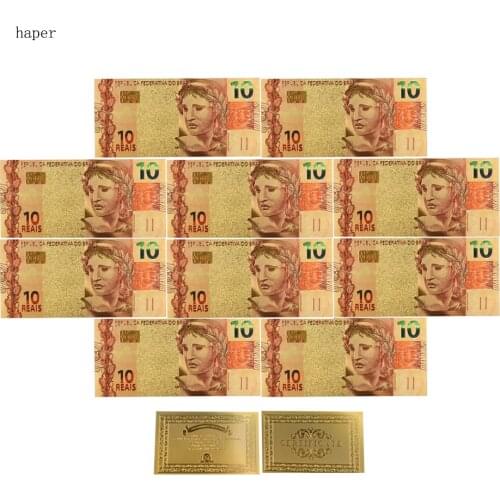 New Style 10pcs Brazil 10 Reais Gold Banknote Colorful World Money for Souvenirs, Golden Bank Notes for Decoration Crafts Gifts