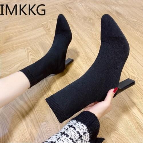 Simple fashion stretch socks boots womens high heels shoes knitting socks boots skinny women pointed autumn winter bare boots