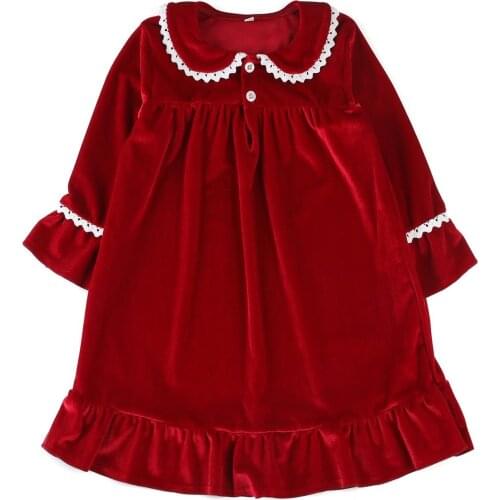 Luxury Velvet Pjs Christmas Girls Nightdress Lace Long Sleeve Kids Sleepwear Baby Nightgown