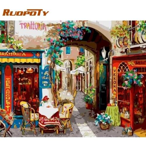 RUOPOTY Frameless Painting By Numbers Kits For Adults Colorful Old Street Landscape Oil Paints Framed HandPainted Canvas Wall De