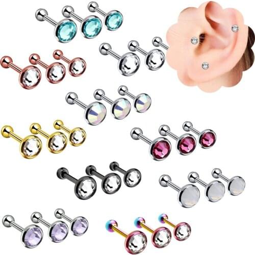 3/4/5mm Rhinestones Ear Piercing Stainless Steel Cartilage Tragus Helix Piercing Zircon Ear Studs Earrings For Women Men Jewelry