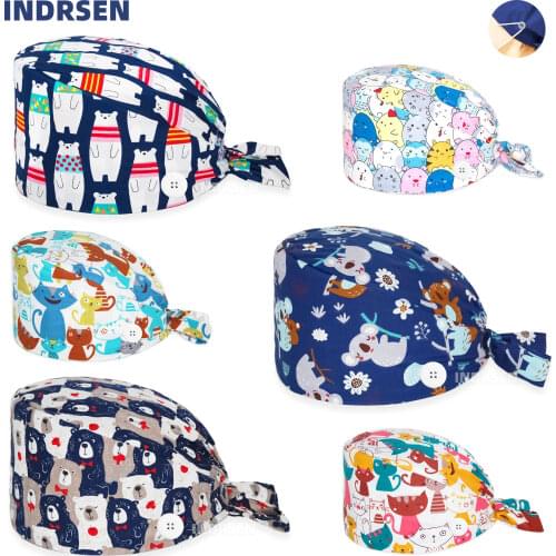 Clearance Scrub Cap with Buttons Adjustable Anime Printing Nursing Hat Beauty Salon Pet Shop Working Accessories Scrubs Caps