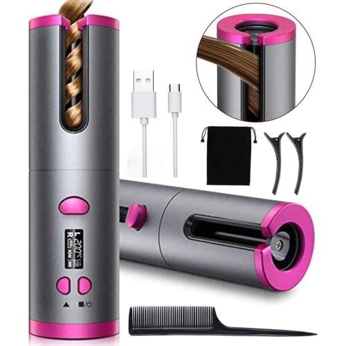Portable Wireless Automatic Curling Iron Hair Curler USB Rechargeable for LCD Display Curly Machine with 1 Comb+2pc Clips Portab