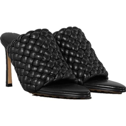 Kmeioo Luxury brand Vintage pointed Peep Toe Solid weave Gingham High Heel Slippers Summer Fashion Slip On Thin Heels sandals