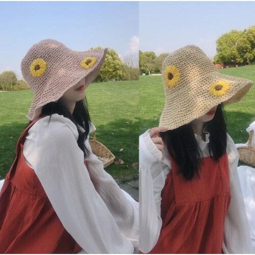 Women Summer Straw Sun Hat Daisy Flower Embroidery Sunscreen Foldable Beach Cap LX9E