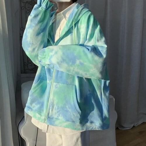 Style street tie-dye jacket oversize retro high street round neck warm sweater cardigan hooded sports sweater punk Harajuku