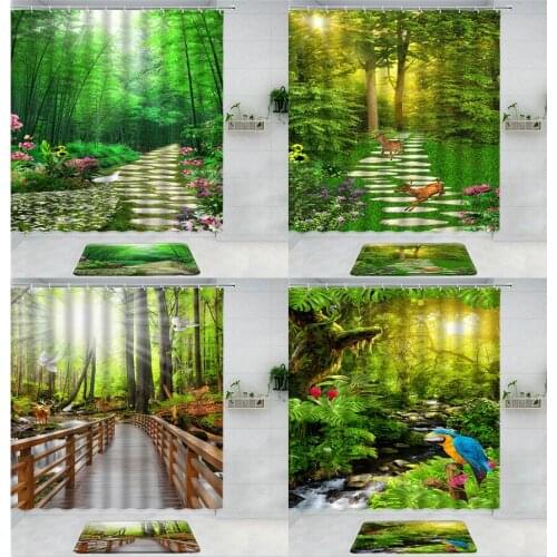 Aesthetic Fresh Green Forest Scenery Bathroom Curtain Shower Curtain Set Bath Mats Rug Curtains For Kitchen Room Art Decor Wall