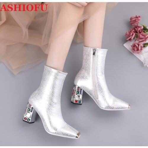 ASHIOFU 2020 New Arrival Handmade Ladies Crystal Heels Boots Real Photos Sexy Party Prom Ankle Booties Evening Fashion Boots