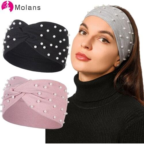 Molans Wide Turban Knitted Headband Women Elastic Cross Hair band Pearl Solid Color Girls Fall Winter Fashion Hair Accessories