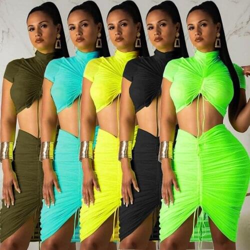 Sexy Pleated Drawstring Top and Skirt Sets Short Sleeve Turtleneck Crop Top and Drapped Skirts Women Clothing Two Piece Outfits